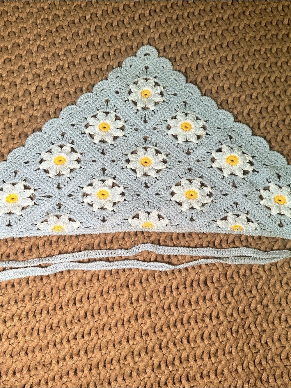 Light Blue Crochet Triangle bandana with Daisy Motifs